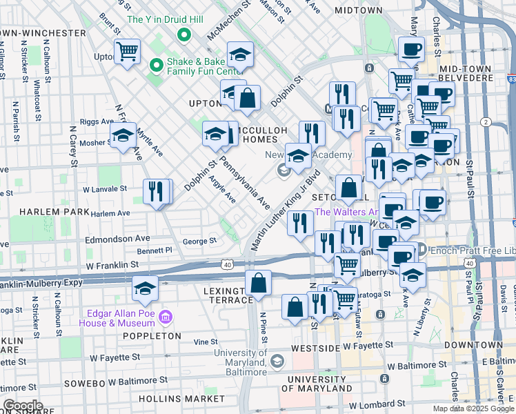 map of restaurants, bars, coffee shops, grocery stores, and more near 922 Pennsylvania Avenue in Baltimore