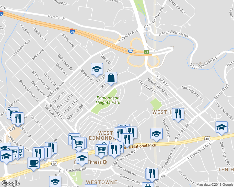 map of restaurants, bars, coffee shops, grocery stores, and more near 1179 Granville Road in Baltimore
