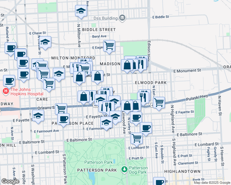 map of restaurants, bars, coffee shops, grocery stores, and more near 2800 Jefferson Street in Baltimore