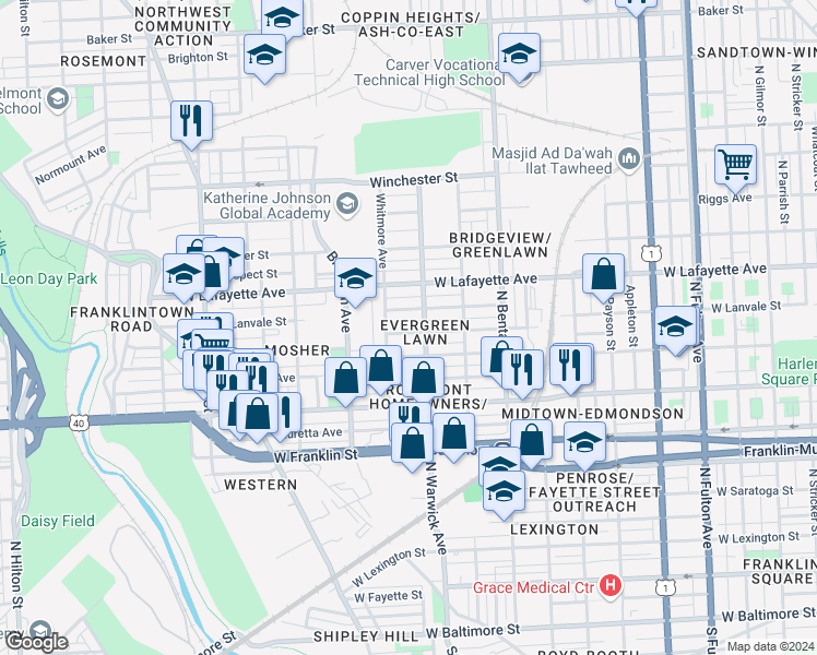 map of restaurants, bars, coffee shops, grocery stores, and more near 2518 West Lanvale Street in Baltimore