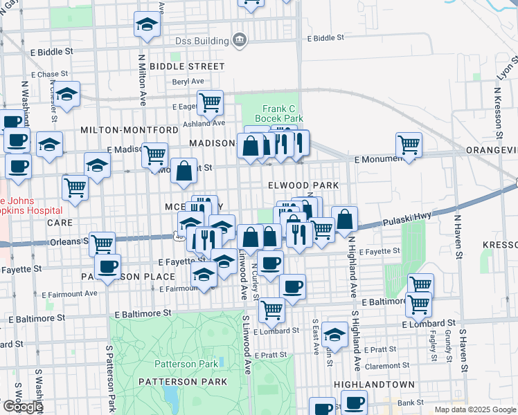 map of restaurants, bars, coffee shops, grocery stores, and more near 92 Jefferson Street in Baltimore