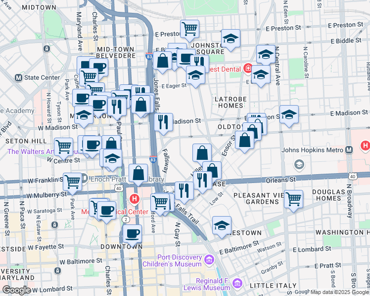 map of restaurants, bars, coffee shops, grocery stores, and more near 1068 North Front Street in Baltimore