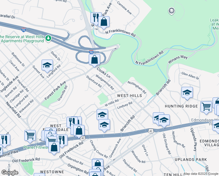 map of restaurants, bars, coffee shops, grocery stores, and more near 1024 Wedgewood Road in Baltimore
