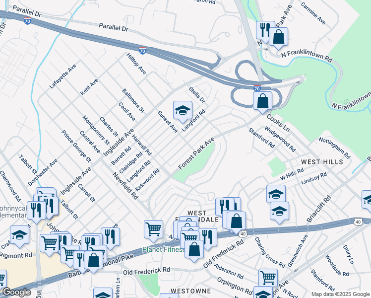 map of restaurants, bars, coffee shops, grocery stores, and more near 1547 Kirkwood Road in Woodlawn
