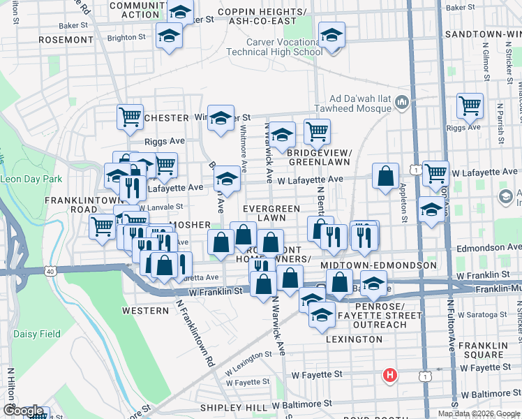map of restaurants, bars, coffee shops, grocery stores, and more near 2518 West Lanvale Street in Baltimore
