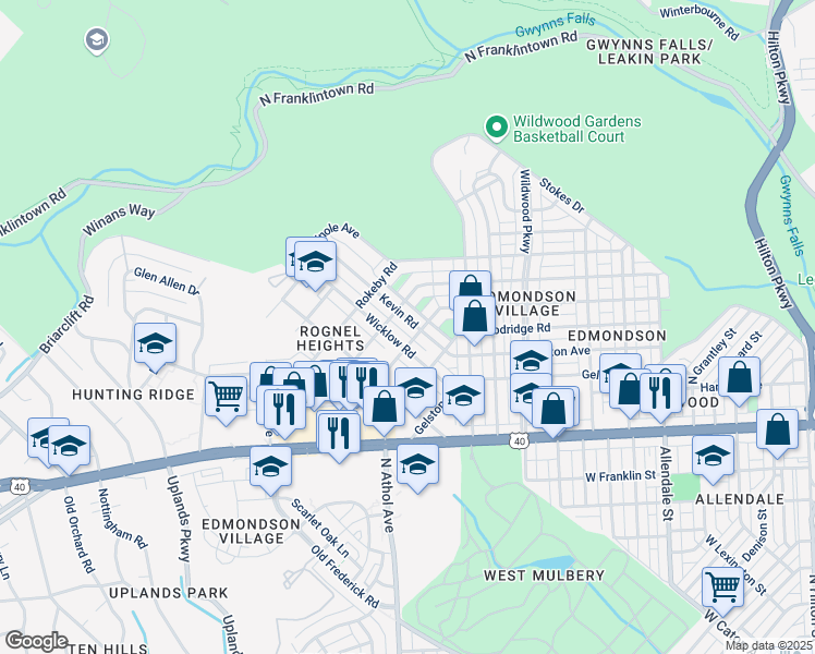 map of restaurants, bars, coffee shops, grocery stores, and more near 910 Kevin Road in Baltimore