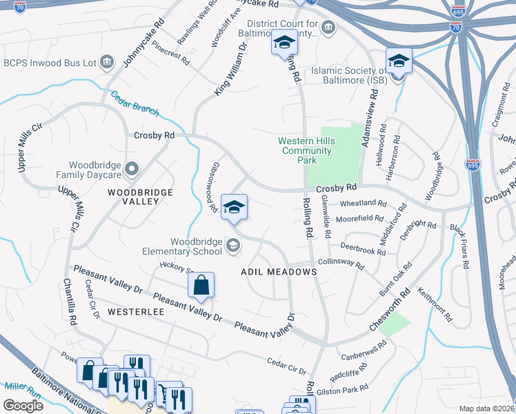 map of restaurants, bars, coffee shops, grocery stores, and more near 11 Sparrow Hill Court in Catonsville