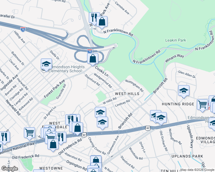 map of restaurants, bars, coffee shops, grocery stores, and more near 1024 Wedgewood Road in Baltimore