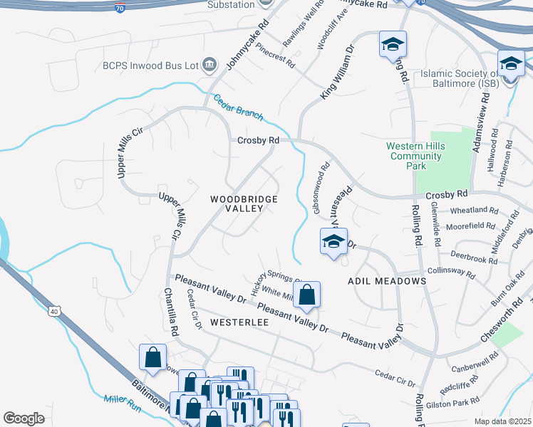 map of restaurants, bars, coffee shops, grocery stores, and more near 1 Edge Springs Court in Catonsville