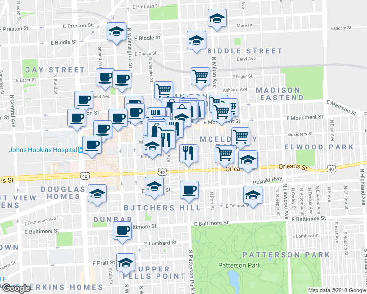 map of restaurants, bars, coffee shops, grocery stores, and more near 524 North Patterson Park Avenue in Baltimore
