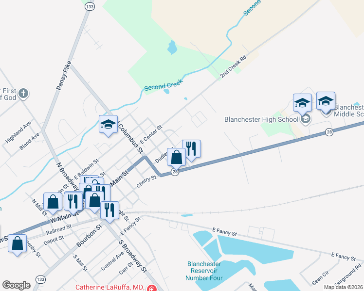 map of restaurants, bars, coffee shops, grocery stores, and more near 704 Dudley St in Blanchester