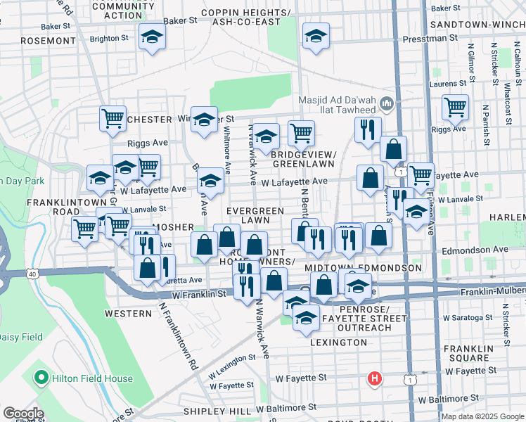 map of restaurants, bars, coffee shops, grocery stores, and more near 2422 West Lanvale Street in Baltimore