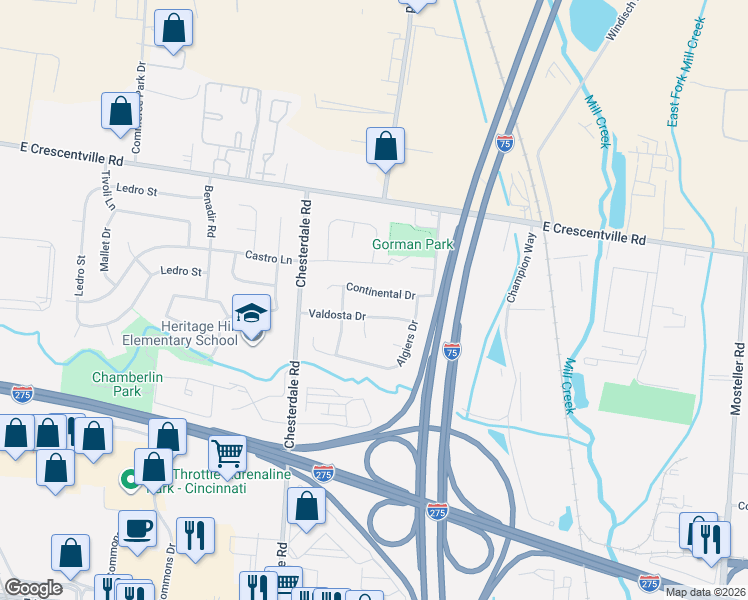 map of restaurants, bars, coffee shops, grocery stores, and more near 1635 Continental Drive in Cincinnati