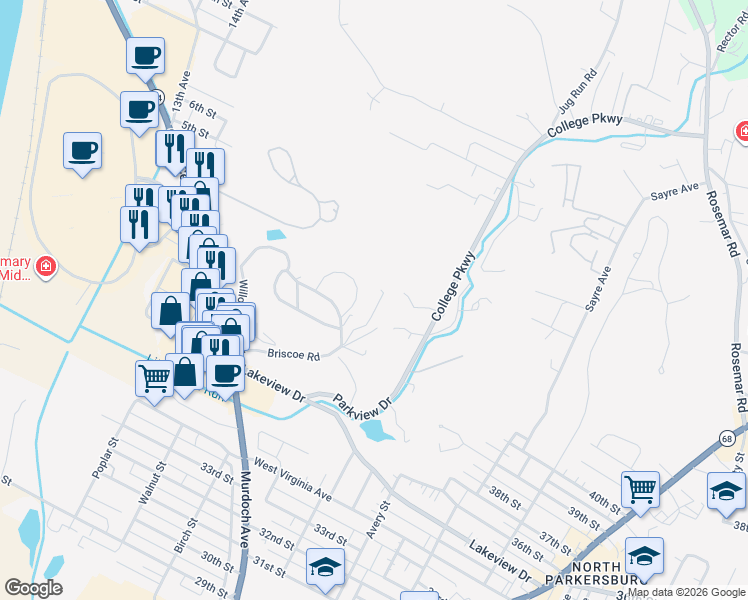 map of restaurants, bars, coffee shops, grocery stores, and more near 39 Campbell Drive in Parkersburg