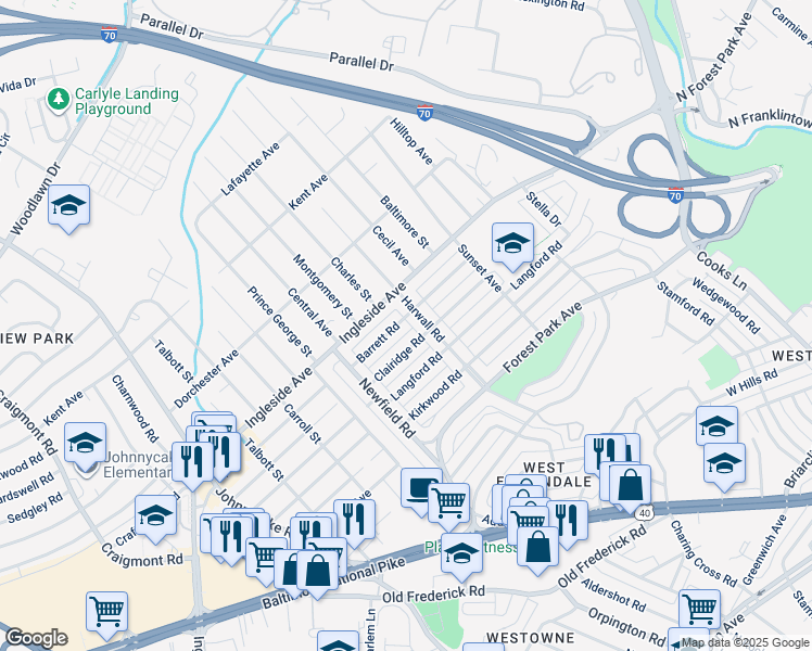 map of restaurants, bars, coffee shops, grocery stores, and more near 1459 Barrett Road in Baltimore