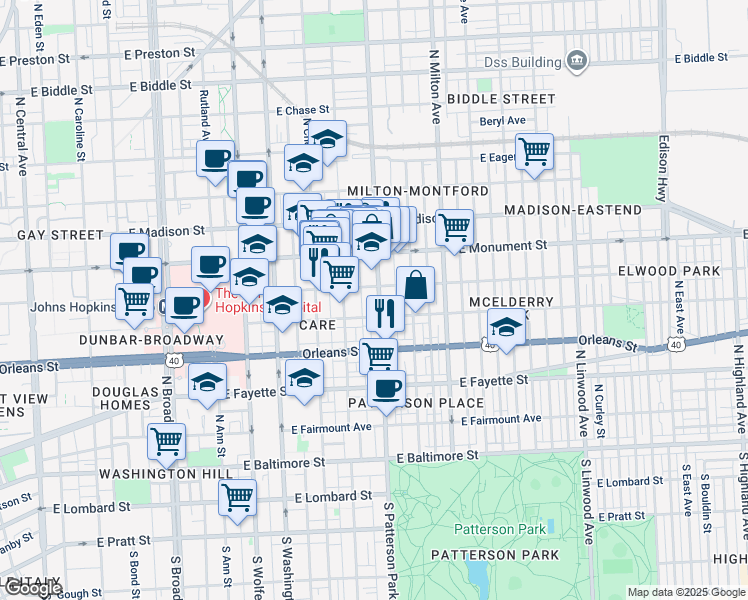 map of restaurants, bars, coffee shops, grocery stores, and more near 524 North Patterson Park Avenue in Baltimore