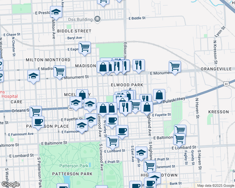 map of restaurants, bars, coffee shops, grocery stores, and more near 502 North Ellwood Avenue in Baltimore