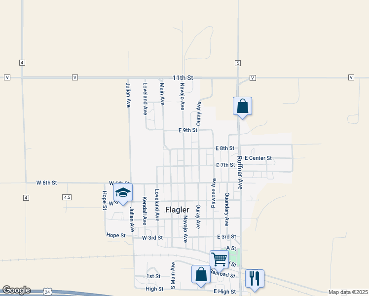 map of restaurants, bars, coffee shops, grocery stores, and more near 720 Navajo Avenue in Flagler