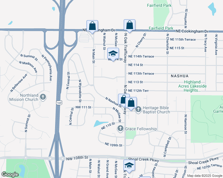 map of restaurants, bars, coffee shops, grocery stores, and more near 11221 North Nashua Drive in Kansas City