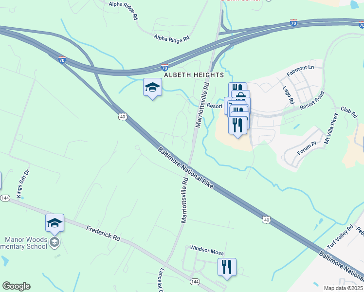 map of restaurants, bars, coffee shops, grocery stores, and more near 11808 Summer Woods Place in Ellicott City