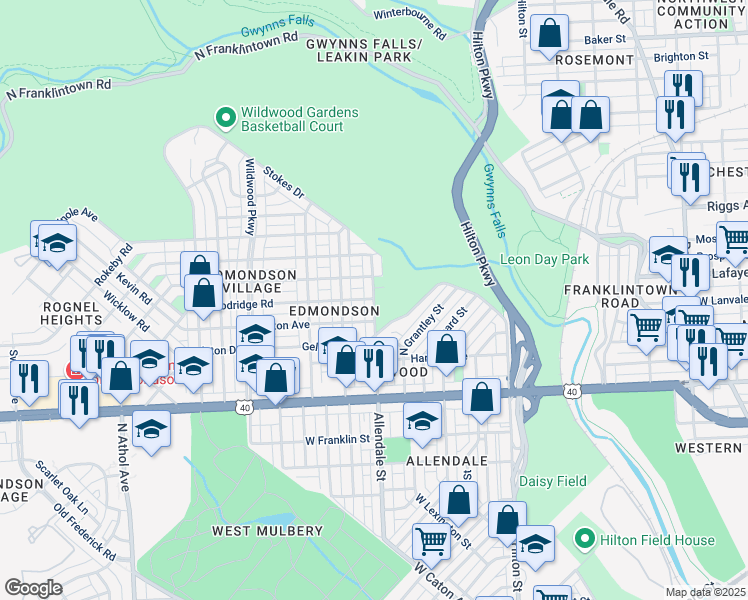 map of restaurants, bars, coffee shops, grocery stores, and more near 819 Allendale Street in Baltimore