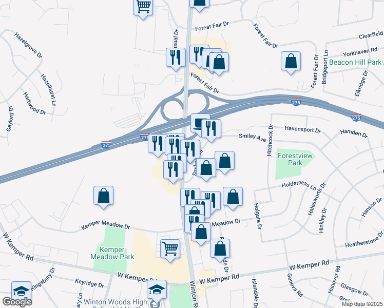 map of restaurants, bars, coffee shops, grocery stores, and more near 1180 Smiley Avenue in Cincinnati