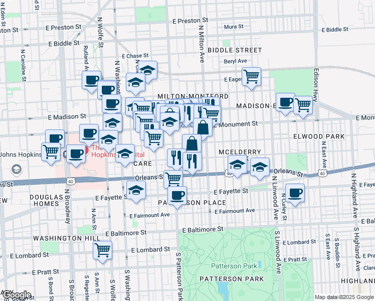 map of restaurants, bars, coffee shops, grocery stores, and more near 526 North Montford Avenue in Baltimore