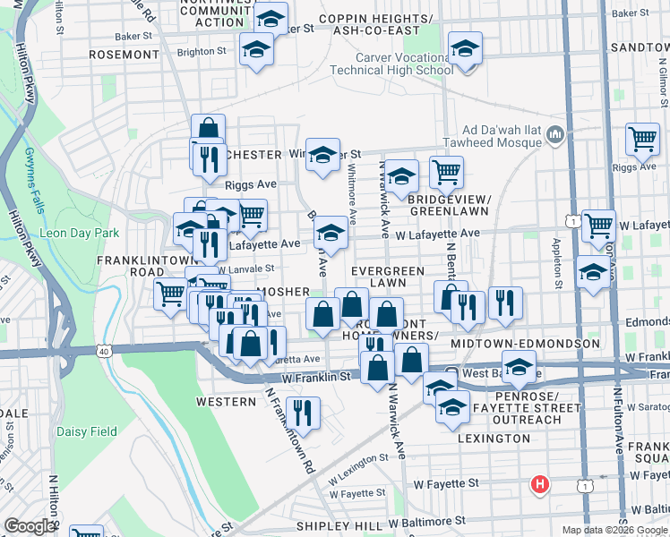 map of restaurants, bars, coffee shops, grocery stores, and more near 801 Braddish Ave in Baltimore