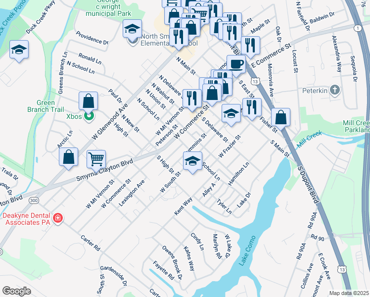 map of restaurants, bars, coffee shops, grocery stores, and more near 27 South School Lane in Smyrna