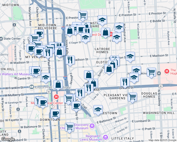 map of restaurants, bars, coffee shops, grocery stores, and more near 1068 North Front Street in Baltimore