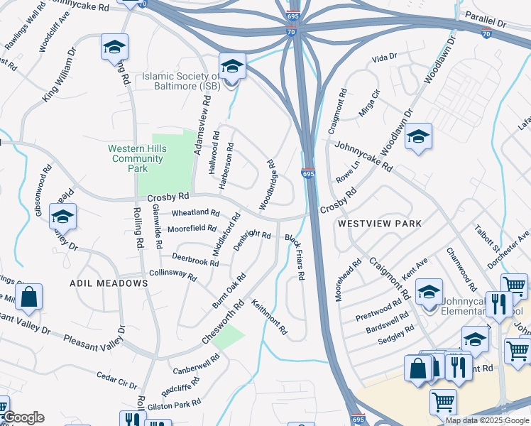 map of restaurants, bars, coffee shops, grocery stores, and more near 800 Crosby Road in Catonsville