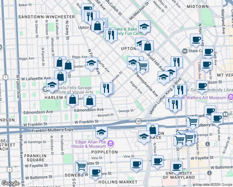 map of restaurants, bars, coffee shops, grocery stores, and more near 745 Dolphin Street in Baltimore