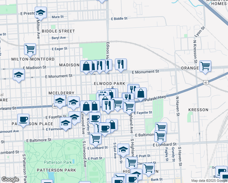 map of restaurants, bars, coffee shops, grocery stores, and more near 505 North East Avenue in Baltimore