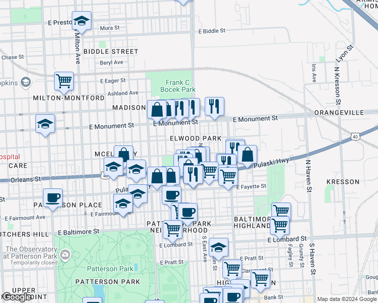 map of restaurants, bars, coffee shops, grocery stores, and more near 506 North Robinson Street in Baltimore
