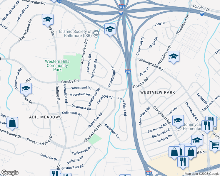 map of restaurants, bars, coffee shops, grocery stores, and more near 800 Crosby Road in Catonsville