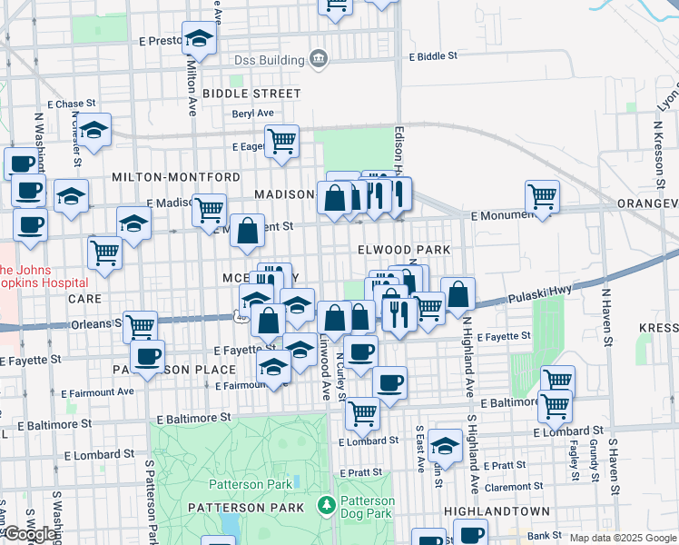 map of restaurants, bars, coffee shops, grocery stores, and more near 513 North Curley Street in Baltimore