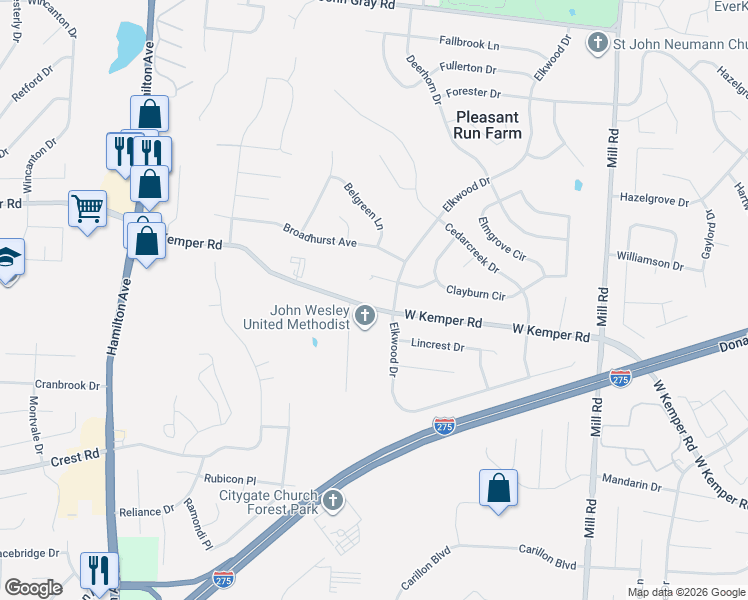 map of restaurants, bars, coffee shops, grocery stores, and more near 1946 West Kemper Road in Cincinnati