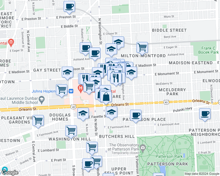 map of restaurants, bars, coffee shops, grocery stores, and more near 2021 McElderry Street in Baltimore