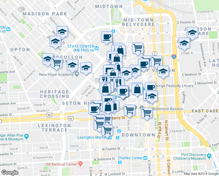 map of restaurants, bars, coffee shops, grocery stores, and more near 311 West Monument Street in Baltimore