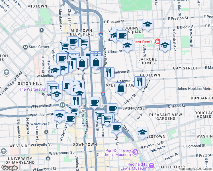 map of restaurants, bars, coffee shops, grocery stores, and more near 620 Fallsway in Baltimore