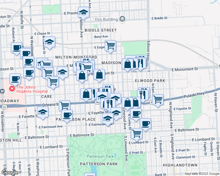 map of restaurants, bars, coffee shops, grocery stores, and more near 509 North Belnord Avenue in Baltimore