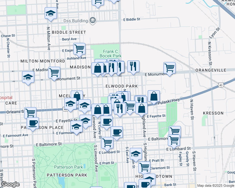 map of restaurants, bars, coffee shops, grocery stores, and more near 508 North Robinson Street in Baltimore