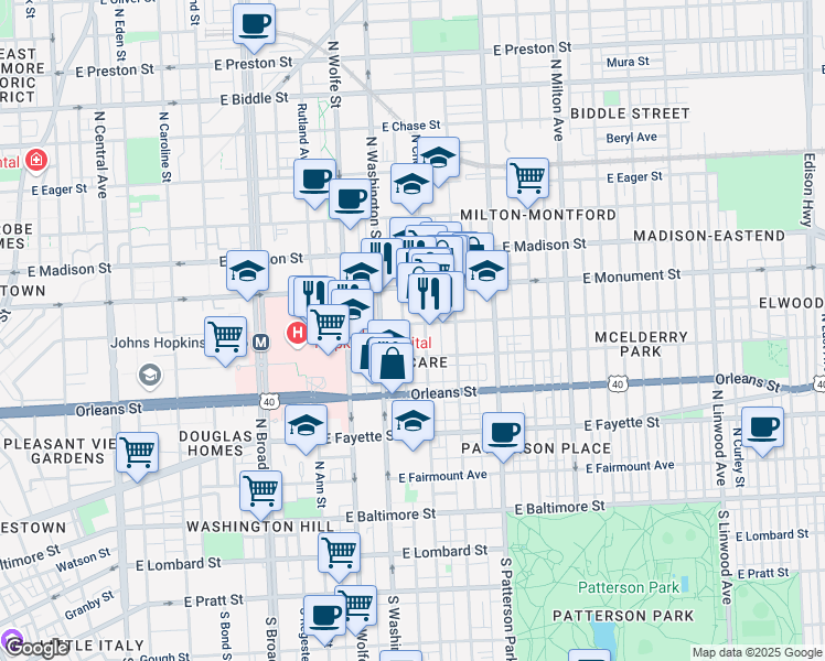 map of restaurants, bars, coffee shops, grocery stores, and more near 2029 McElderry Street in Baltimore