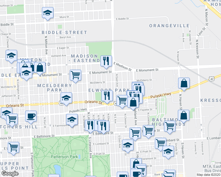 map of restaurants, bars, coffee shops, grocery stores, and more near 508 North Robinson Street in Baltimore