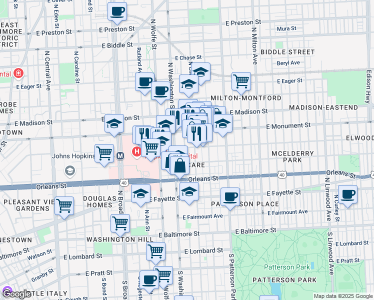 map of restaurants, bars, coffee shops, grocery stores, and more near 2023 McElderry Street in Baltimore