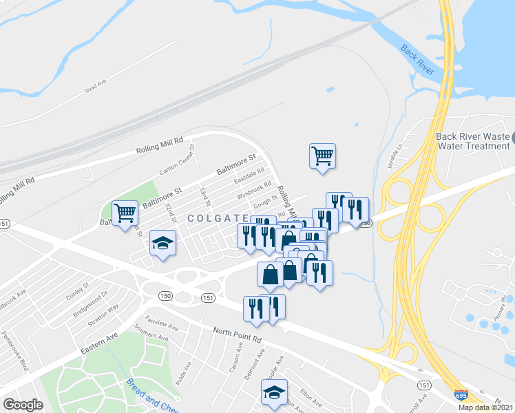 map of restaurants, bars, coffee shops, grocery stores, and more near 8017 Gough Street in Baltimore
