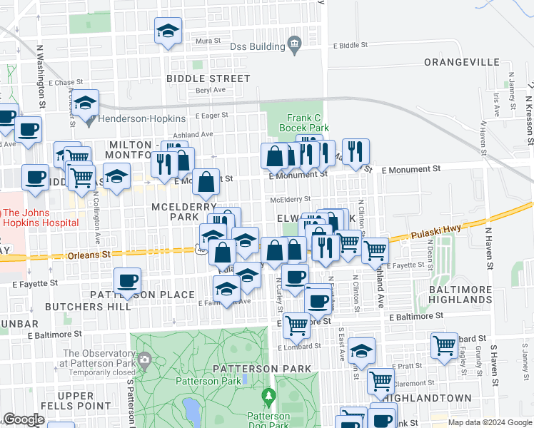 map of restaurants, bars, coffee shops, grocery stores, and more near 515 North Linwood Avenue in Baltimore