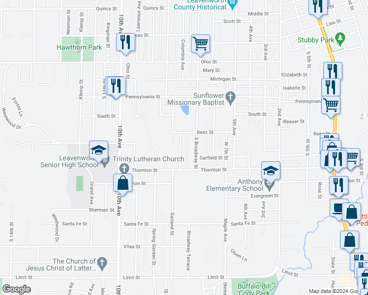 map of restaurants, bars, coffee shops, grocery stores, and more near 1925 Montezuma Street in Leavenworth