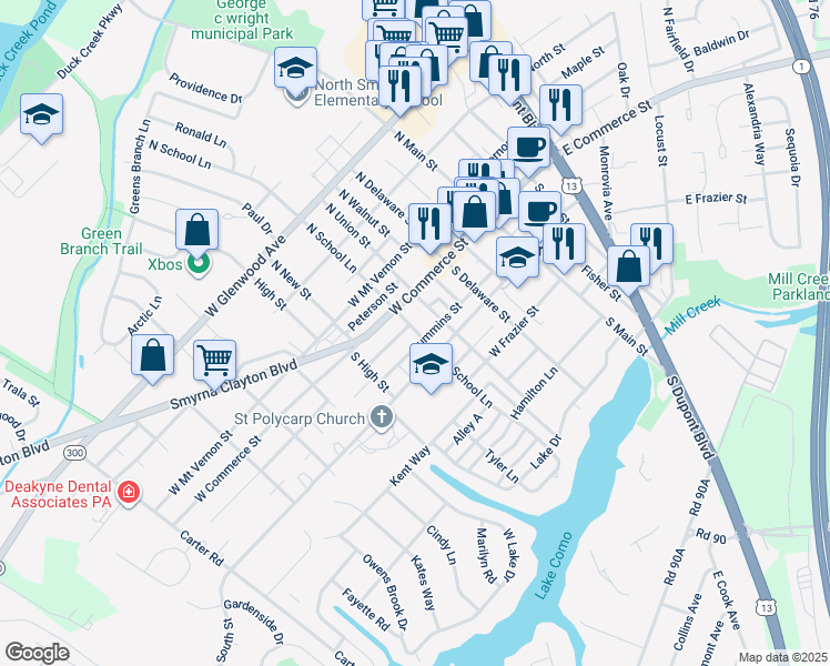 map of restaurants, bars, coffee shops, grocery stores, and more near 27 South School Lane in Smyrna