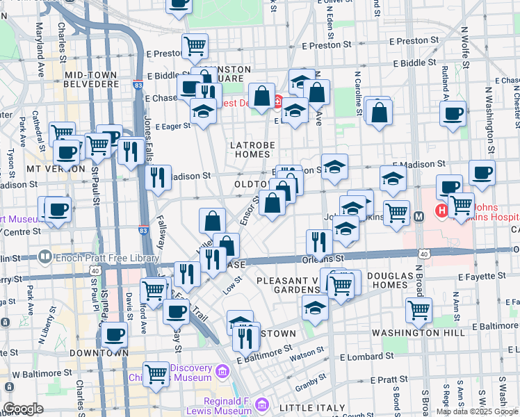 map of restaurants, bars, coffee shops, grocery stores, and more near 620 Stirling Street in Baltimore